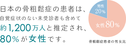 日本の骨粗鬆症の患者は、自覚症状のない未受診者も含めて約1,200万人と推定され、80%が女性です